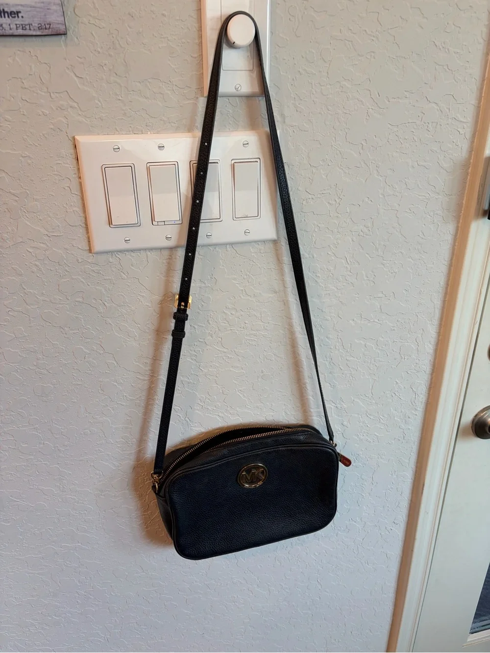 Michael Kors Black Pebbled Leather Crossbody Bag with Gold Logo